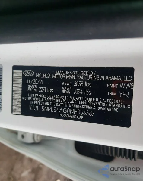 2022 Hyundai Elantra Sel z USA, uszkodzony, nr VIN 5NPLS4AG0NH056587